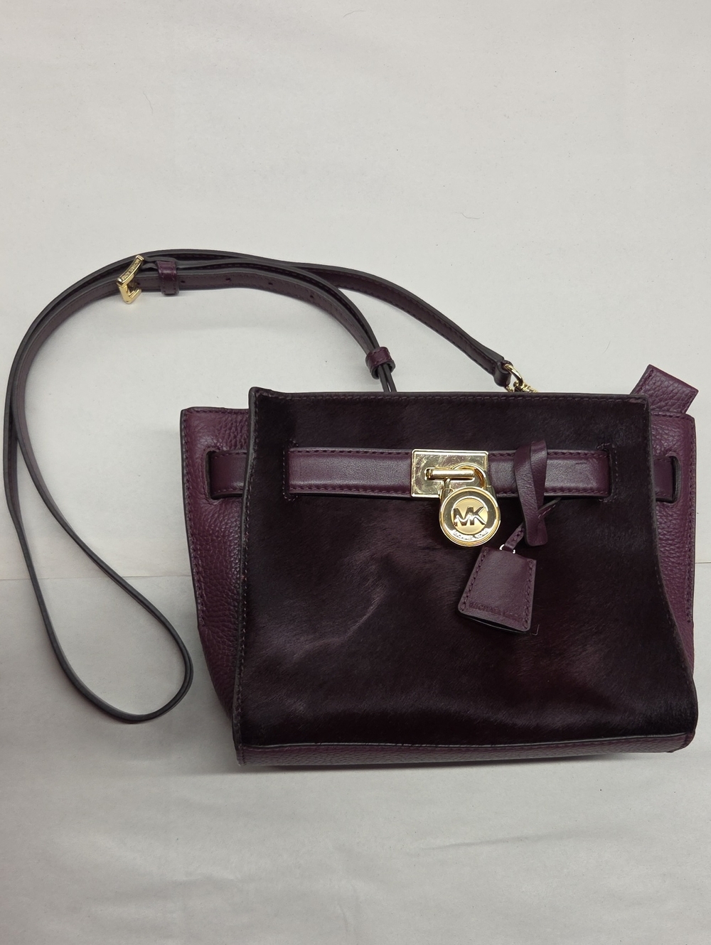 Michael Kors Oxblood Leather & Haircalf Crossbody Bag with Gold Hardware